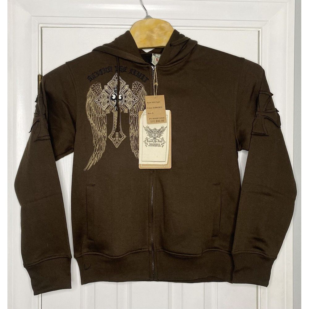 Beyond‎ The Limit Mens Full Zip Fleece Hoodie Embroidered Dark Brown Small New